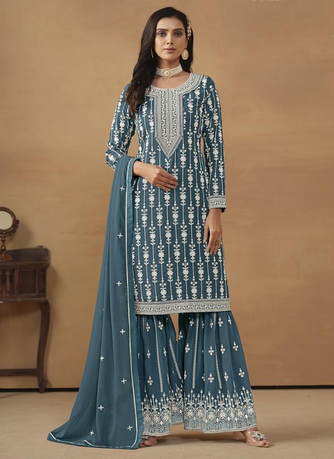 Faux Georgette Blue Eid Wear Embroidery Work Sharara Suit